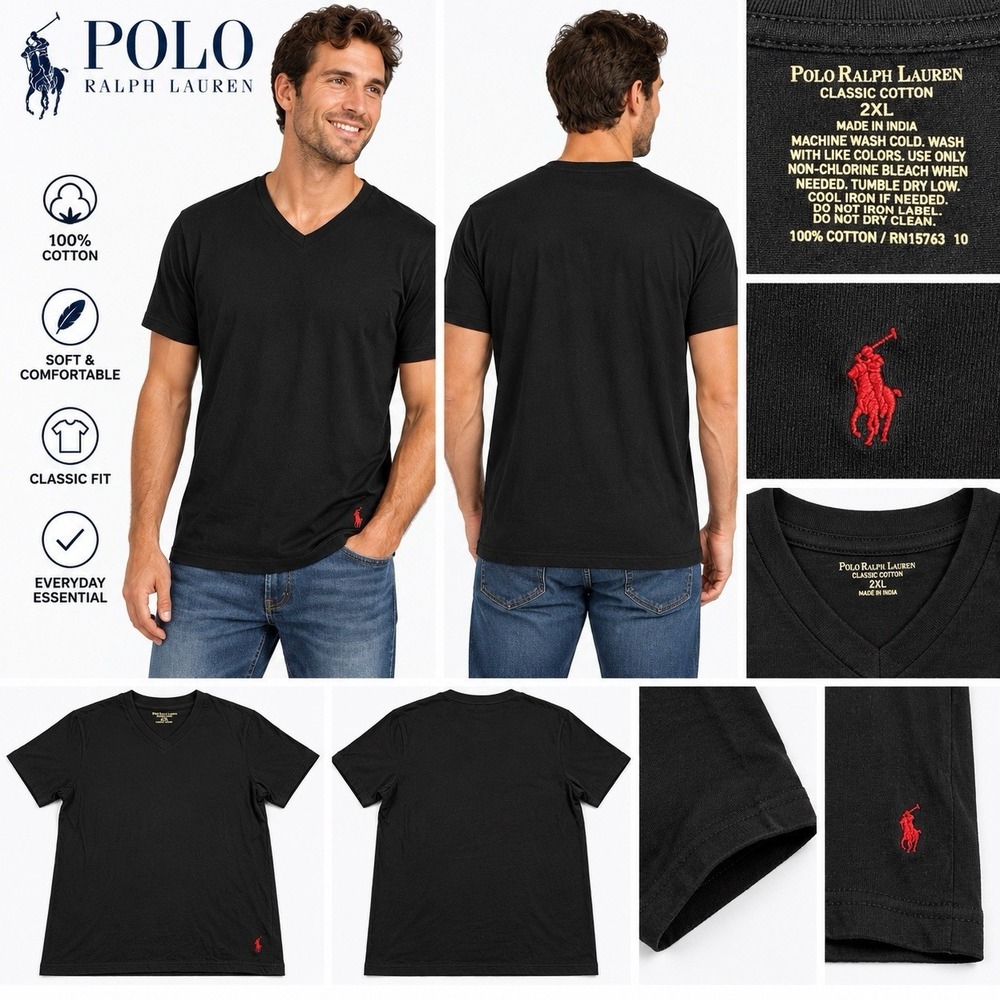 Polo Ralph Lauren Mens 2XL Black V Neck T Shirt Classic Cotton Red Pony